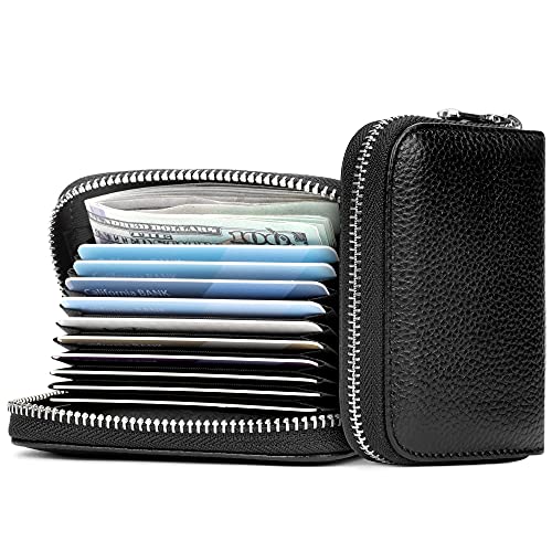 Carteira de couro genuíno com bloqueio de RFID, porta-cartões com zíper para homens e mulheres, carteira com chaveiro, Preto claro, Carteira de cartão
