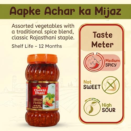Image of Chokhi Dhani Mixed Pickle 500g | Aam, Nimbu, Hari Mirch & Gajar Achar | Mustard Oil Indian Pickle | Spicy & Tangy | No Artificial Colours or Flavours | Homemade Style
