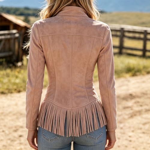 Womens Faux Suede Fringe Long Sleeve Jacket Western Cowgirl Silm Fit Coat - image 3