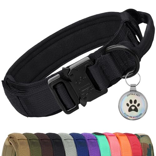 Joytale Collar Perro, Táctica Collar Perro Mediano con Mango de Control, Resistente Collares para Perros con Etiquetas Código QR, Negro, M