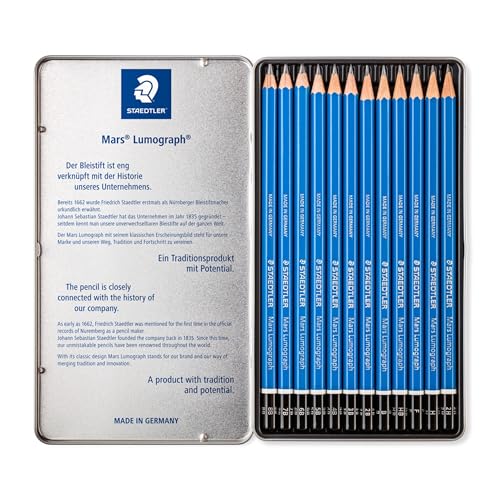 Image of STAEDTLER Mars Lumograph Art Drawing Pencils (12-Pack) - Break-Resistant Graphite, Metal Case