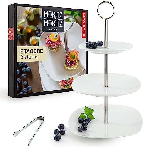 Moritz & Moritz Etagere Blanca - Fuente de 3 Pisos 21,5 x 19 x 14,5 cm - Incluye Platos de Porcelana Blanca y Pinzas para Servir - Fuente para Presentar y Servir Aperitivos