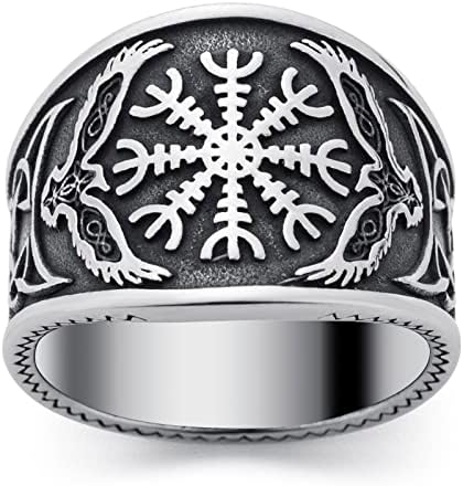 Bague Viking Pour Homme - Symboles Nordiques (loup, Corbeau, Arbre De Vie, Boussole Vegvisir) - Acier Inoxydable 316L - Tailles 58 à 67