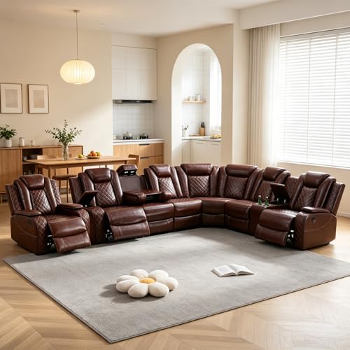 Image of Power Reclining Sectional Sofa Set with Recliner Chair, Brown Breathable Faux Leather L-Shaped Couch with LED Lights, USB Charging, Wireless Charging, Storage Console and Cup Holders