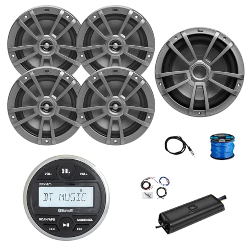 Marine Gauge Style Bluetooth AM/FM Receiver, 4X 6.5 180 Watt 2-Way Multi-Element Audio Speakers (Gray), Wire, Antenna, 10