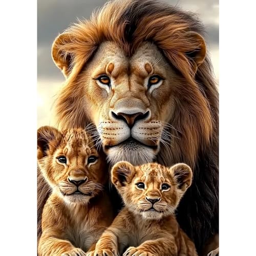 MXJSUA Famille De Lions Peinture Diamant Adulte, 5D Diamond Painting Complet, Diamant Strass Point de Croix Cristal Painting, Murale Décoration, 30x40 cm