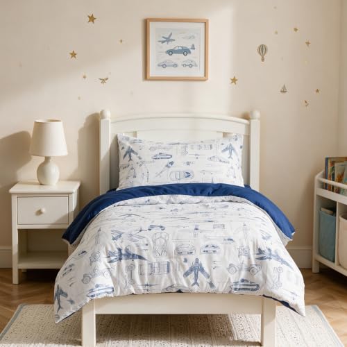 Image of CLOTHKNOW 4Pieces Vehicle Traffic Toddler Bedding Sets for Boys Girls Kids | 4Pcs White Blue Comforter Sets, Cars Airplane Tank Helicopter Pattern, Soft All Seaon Crib Bed Sets