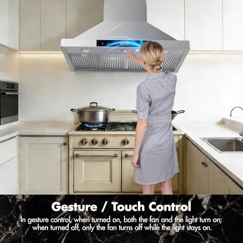 Image of VAV 48 inch Range Hood, 1500CFM Dual Motor, Gesture Control, Stainless Steel | Wall Mount Range Hood 4 Speed Exhaust Fan LED Lighting Convertible Vent