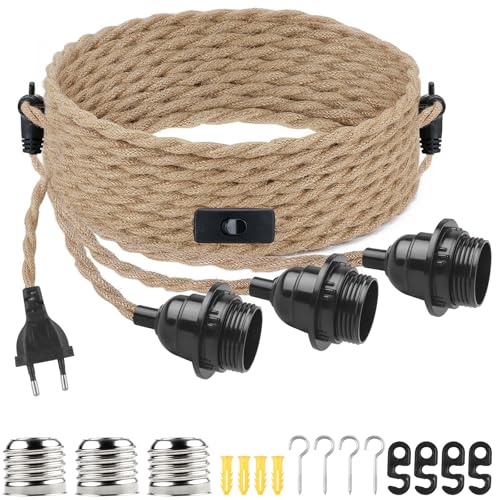 Cable de cáñamo rústico de 9,36m con portalámparas retro E27 para diseño interior