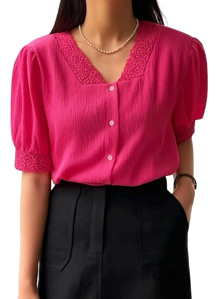Women's Textured Puff Sleeve Button Front V-Neck Casual Top-picture-29