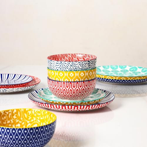 Image of Selamica Ceramic Plates and Bowls Sets,18 Pieces Dinnerware Sets for 6,Dishwasher & Microwave Safe dish set,Family & Holiday Dining, Assorted Colors