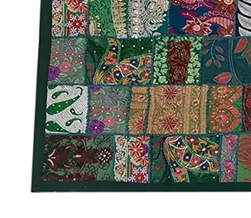 Image of Ekam Art Embroidery Patchwork Design Home Decor Cotton Rectangular Wall Hanging Beaded Tapestries 40 X 60 Inch (Green)