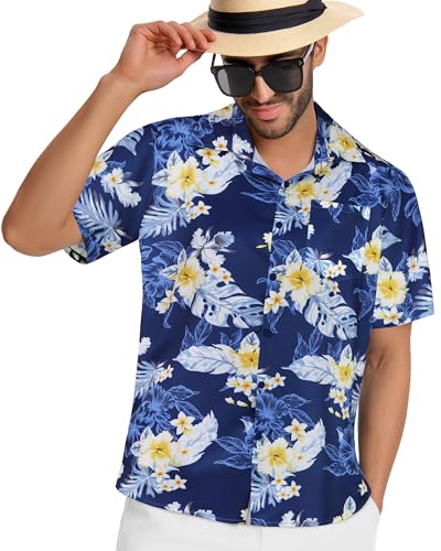 Image of Men Hawaiian Shirt Short Sleeve Summer Beach Button Down Shirts with Pocket