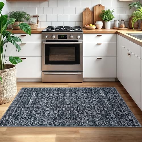 3x5 Area Rug Black Washable Soft Distressed Floral Rugs, Non-Slip Low-Pile Vintage Neutral Carpet for Entryway Nursery Bedroom Dining Dorm Living Room