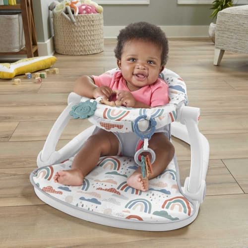 Image of Fisher-Price Portable Baby Chair Sit-Me-Up Floor Seat with Developmental Toys & Machine Washable Seat Pad, Rainbow Showers (Pack of 2)
