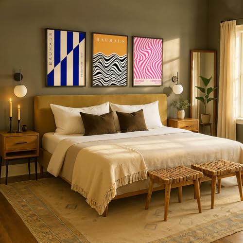 Image of SoulAbiti Geometric Shapes Series set of 3 Framed Wall Print 12x18 inch Black Frame Plexi-Glass Bauhaus Art ready to hang for living room bedroom office decor