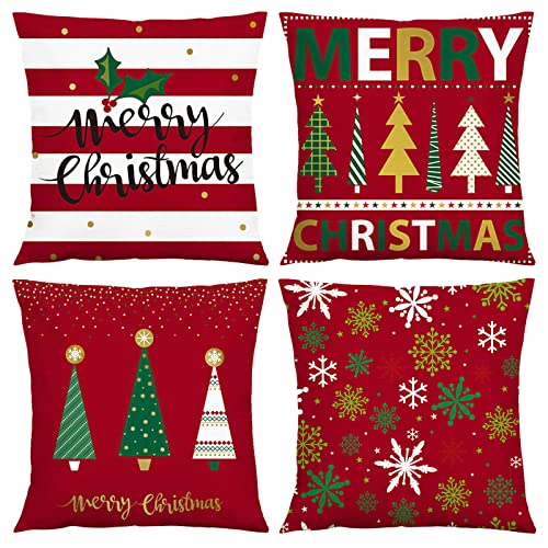 Kissenbezüge für Weihnachten Deko 45x45cm [Satz von 4], Winter Dekorationen für Haus & Bauernhaus, Christmas Zierkissenbezüge mit Weihnachtsbaum & Rotwild Design - Rot + Weiß Cover
