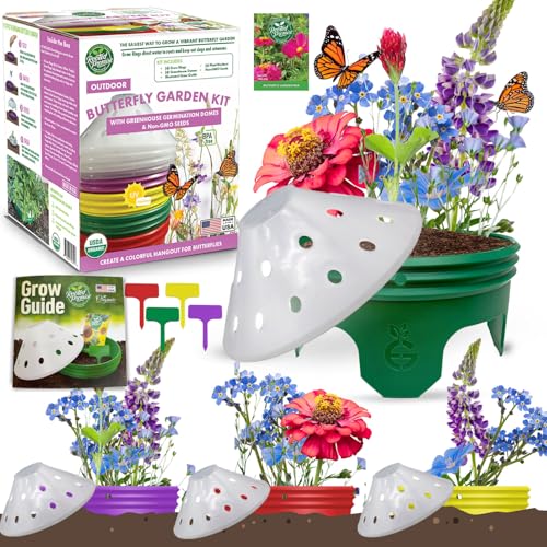 Butterfly Habitat Garden Kit with Grow Rings, Greenhouse Germination Domes, Seeds, Markers, Instructions – Gardening Gift for Mom, Teachers, Women, and Men – Made in USA