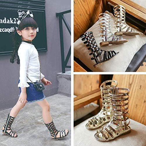 BININBOX Girls Knee High Top Rivet Gladiator Sandals Fashion Summer Dress Flats Girls Zipper Boots Shoes(2 M US Big kid,Gold) | Image 4