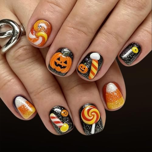 3D Halloween Candy Press On Nails Short Square Pumpkin Lollipop Fake Nails