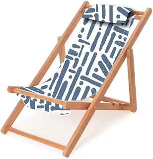 Children’s Vintage Sun Lounger Sling Chair | Wooden Frame with Canvas Fabric | Outdoor Folding Deck Chair for Kids Ages 5+ | Portable & Lightweight for Backyard, Poolside, or Beach (Indigo Abstract)