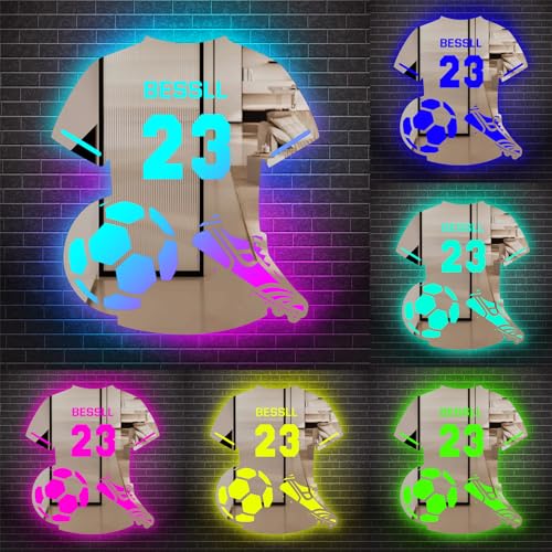 GGUIUIC Personalised Soccer Name Mirror LED Light Custom LED Player Neon Sign for Teen Boy Room Wall Decor Sports Mirror Gifts for Men Boys Kids Birthday Valentine's Day