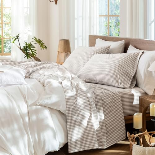 Image of MooMee Gingham Sheet Set 100% Washed Cotton Linen Like Textured Breathable Soft w /Fully Elasticized 16-19 inch Deep Pocket (Mini Gingham Tannish Linen Grey, Queen)