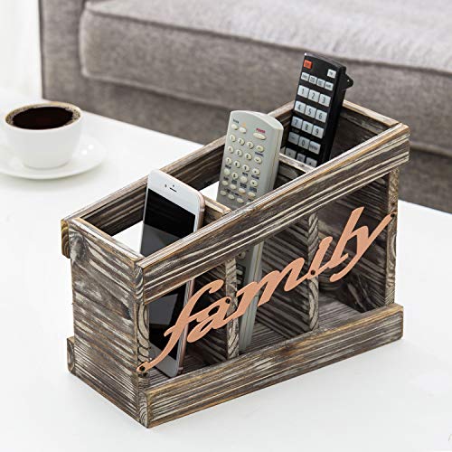 MyGift 3 Slot Rustic Torched Solid Wood Remote Control Holder Caddy, Media Organizer Rack with Family Cutout Gold Metal Letter Design