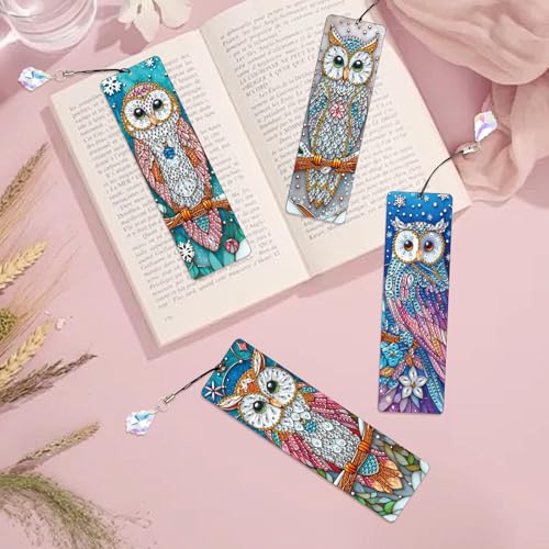 Image of 4 Pcs Diamond Painting Bookmarks, Owl DIY 5D Special Shaped Rhinestone Bookmark Kits for Adults, Handmade Diamond Art Bookmark with Tassel Pendant for Reading Gifts