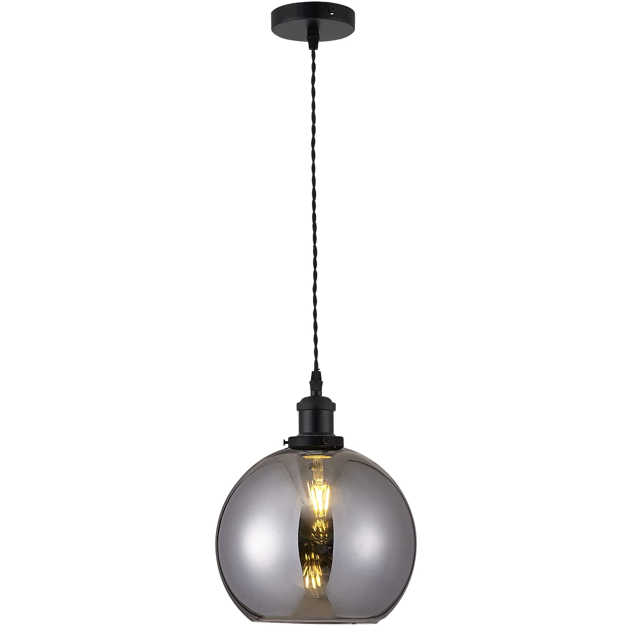 Loxton Lighting Vintage Pendant Light, 25cm Dia' Industrial Smoked Glass Ceiling Light Matt Black Twisted Cable Pendant Set for Kitchen Bedroom Hallway [Energy Class A++]