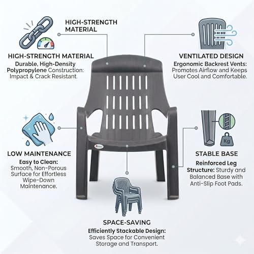 Image of Oaknest Supreme Comfy Relaxing Chair - Ergonomic High-Back Plastic Armchair for Home, Garden, Balcony & Patio | Heavy-Duty, Weather-Resistant & Easy to Clean | Champagne Grey | Set of 4
