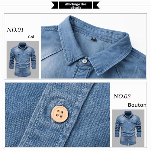 Aunribor Homme Chemise en Jean à Manches Longues Coupe Régulière en Coton – vue 3