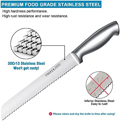 Walfos Bread Knife, Stainless Steel Serrated Bread Slice Knife, Ultra-Sharp, One-Piece Design Ergonomic Handle and 8-Inch / 20cm Blade, Ideal for Slicing Bread, Bagels, Cake