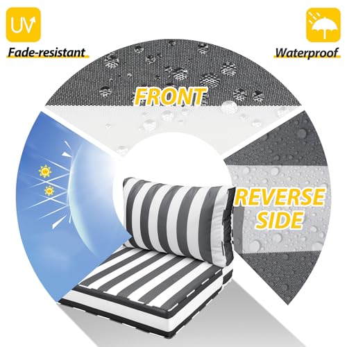Image of AAAAAcessories Outdoor Seat Cushions for Chairs, Fade-Resistant, Waterproof Patio Furniture Replacement Cushions, 25.5 inch x 25.5 inch x 5 inch + 25.5 inch x 13.5 inch, Gray Cabana Stripe