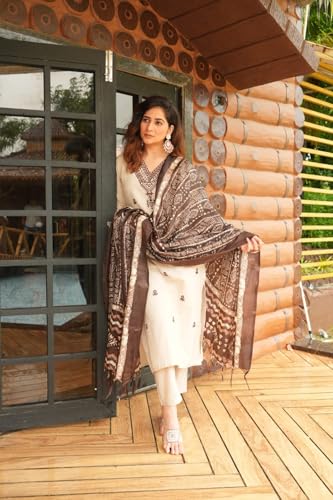 Image of Women Embroidered Cotton Kurta Pant Ensemble with Premium Dupatta Festive Ethnic Apparel Set