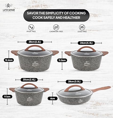 Image of LIFE SMILE Cookware Set - Non Stick Pots and pan set Induction Base, Granite Coating 100% PFOA FREE, Die Cast aluminum Body Kitchen Set (Gold, 8 Pieces)