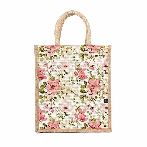 Sangra Floral Printed Jute Lunch Bag for Women & Men | Zip Closur...