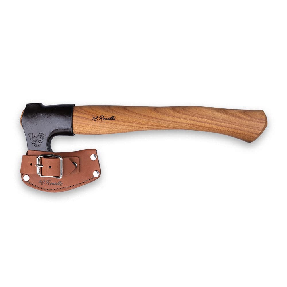 H. Roselli Carbon-Stahl-Axt R860D mit kurzer Schaft aus roter Ulme für Garten, Wald & Camping - Zum Holzspalten, Hacken & Entstehen mit Klingenschutz aus Leder