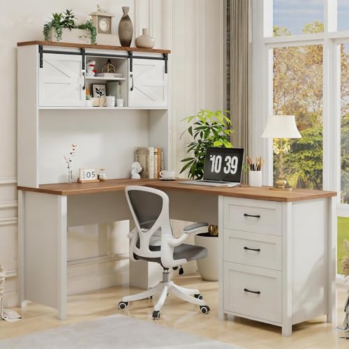 Vabches Farmhouse 68' H L Shaped Desk with Hutch,Office Table with 3 Drawers and Sliding Doors, Executive Desk with File Drawers, Wood Workstation for Home Office and Study