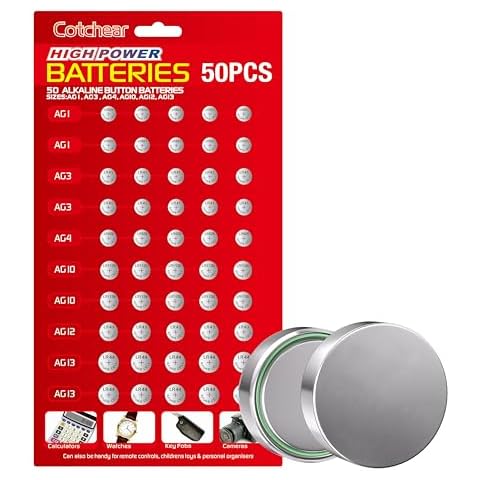 Cotchear 50pcs Alkaline Cell Batteries Assorted 1.5 Volt AG1/LR621 AG3/LR41 AG4/LR626 AG10/LR1130 AG12/LR43 AG13/LR44 Coin Batteries Set 0% Mercury Cover