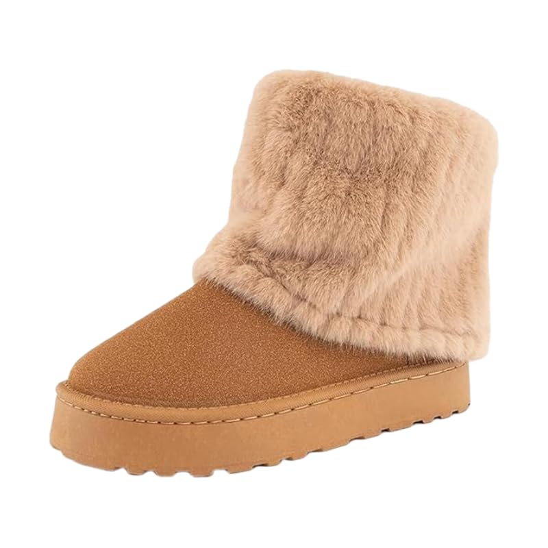 Womens Faux Fur Mid Calf Snow Boots - Round Toe Suede Warm Fur Lined Platform Flat Comfort Outdoor