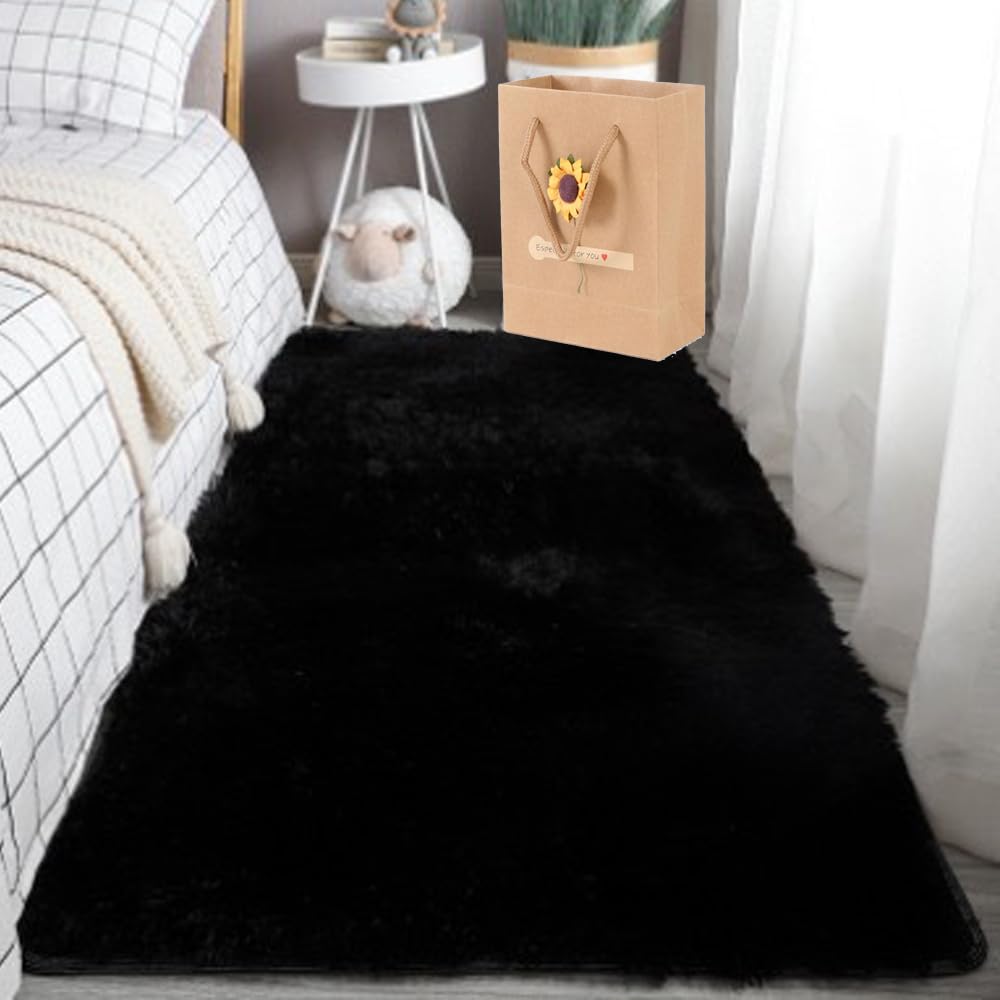 ABWXN Alfombra mullida de 60 x 120 cm Shaggy Alfombra de pelo largo para dormitorio, salón, habitación juvenil/niña - Negro