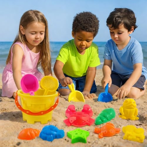 Image of Kids Beach Sand Toy Set - Castle Bucket with Shovels, Rake & Sea Animal Moulds (Crab, Turtle, Starfish, Shell) Pack of 12 | Outdoor Summer Sand Play Kit for Toddlers