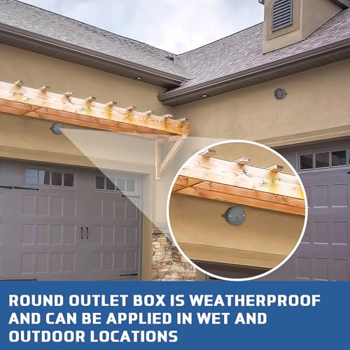 Juexica 4 Set 4\'\' Round Electrical Box with 4\'\' Blank Flat Metal Plate Cover Weatherproof 5 Hole 1/2 Inch Outdoor Outlet Junction Box for Ceiling Mount Lighting Systems Exterior, Gray