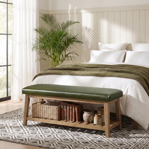 Zihanhome Entryway Shoe Bench, End of Bed Bench,Leather Bench(PU-Green)