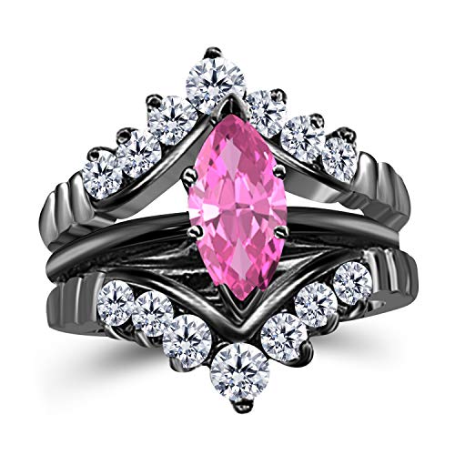 Gems and Jewels 0.75 Ct Marquise Solitaire Engagement Wedding Ring Band Set Enhancer Pink Sapphire 14k Black Gold Plated Alloy