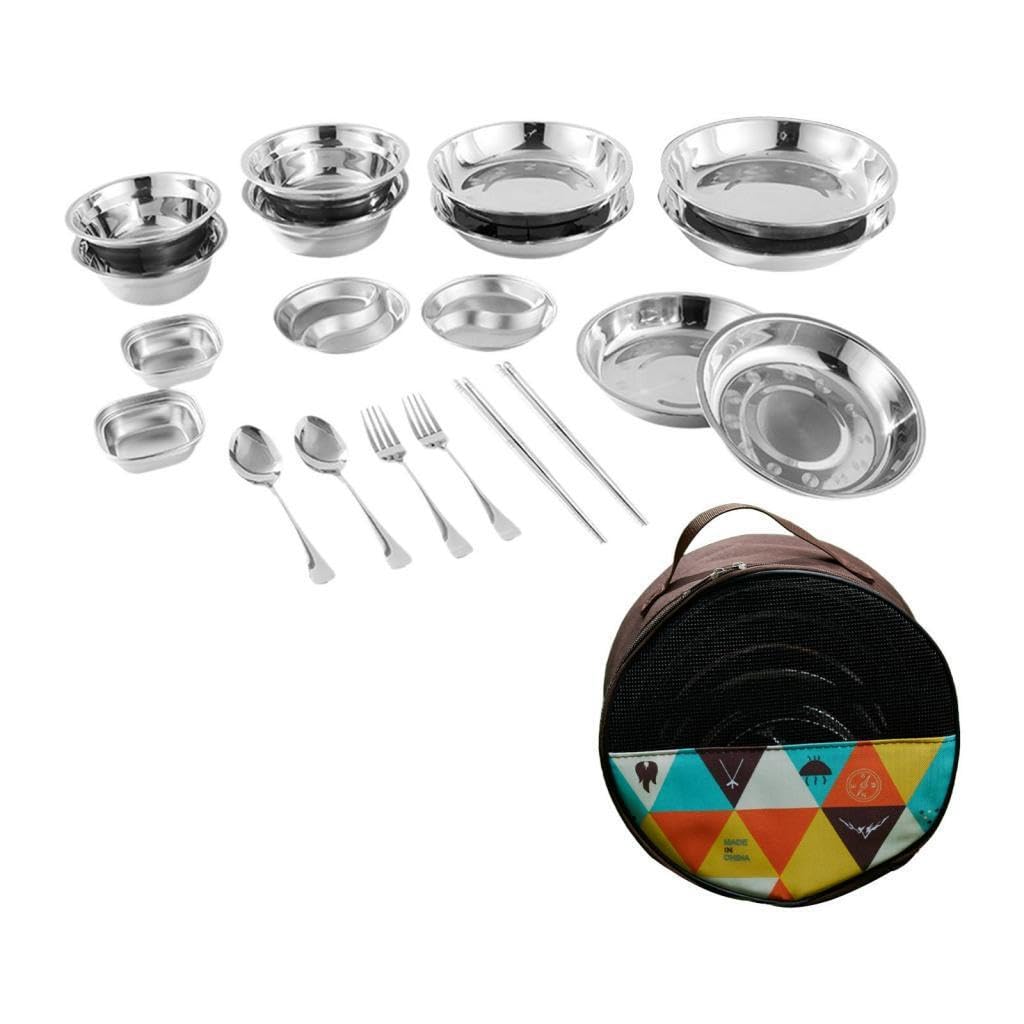 Utensilios de camping resistentes que incluyen platos, tazones y bolsa de almacenamiento, fáciles de transportar para acampar con familiares y, 20 piezas