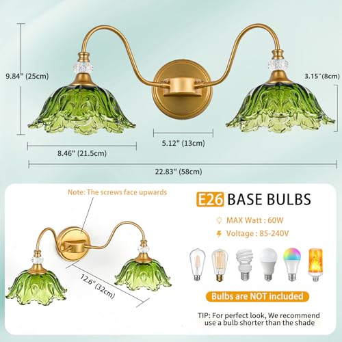 Image of Vintage Bathroom Vanity Light, 2-Light Matte Brass Finish Vanity Light with Floral Green Glass Shades, Retro Wall Sconce for Bathroom, Dressing Table