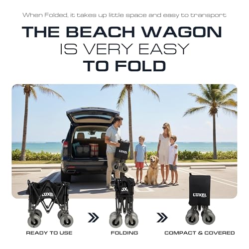 Image of Beach Wagon with Big Wheels for Sand - Heavy Duty Collapsible Folding Utility Wagon Cart 300lb Capacity with 9 inch All-Terrain Pneumatic Tires & Cup Holders - Portable Garden Camping Outdoor Cart (Black)