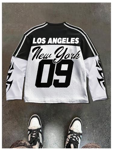 Image of VIPWOLF Men's Number Graphic Long Sleeve Jersey Shirts Oversized Y2K Round Neck 2 in 1 T-Shirts Streetwear Top